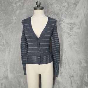 American Eagle Cardigan Sweater Gray Striped Button XS Deep V Layer Preppy Y2K
